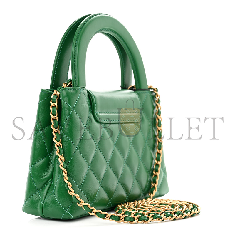 Ch*el shiny calfskin quilted nano kelly shopper green as4416 (19*13*7cm)